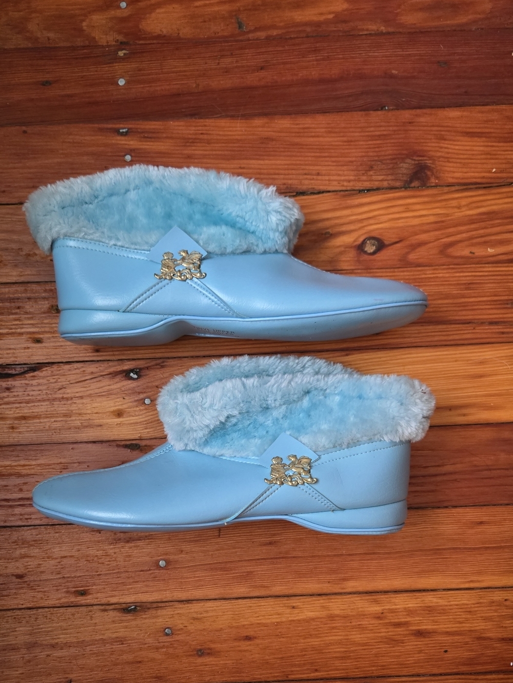 Vintage 1980s Sears Vinyl Light Blue Faux-Fur Trim Women's Slippers